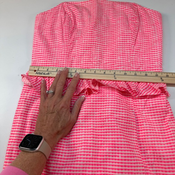 Lilly Pulitzer Pink Seersucker Strapless Peplum Ruffle Dress Size 4 Cotton - Picture 8 of 9